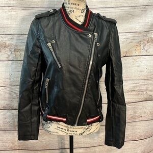 Blank NYC “Frisky Business” Faux Leather Vegan Moto Jacket Bally Stripe XS